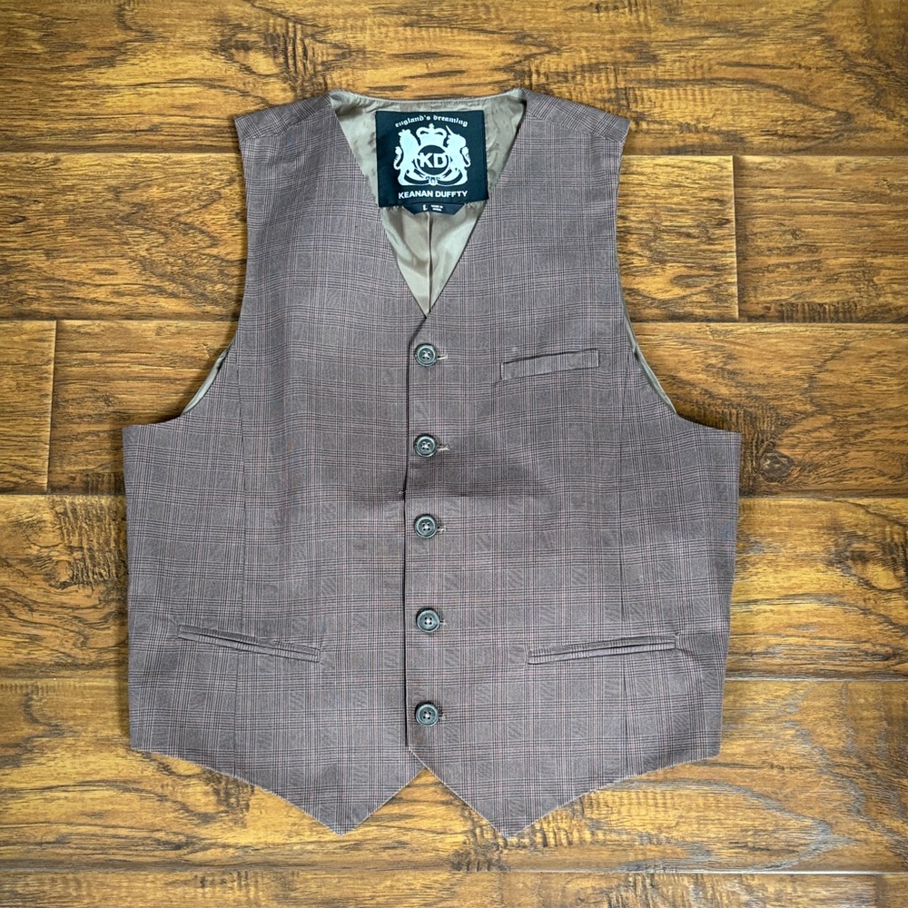 Brown Herringbone Plaid Button-Up Vest